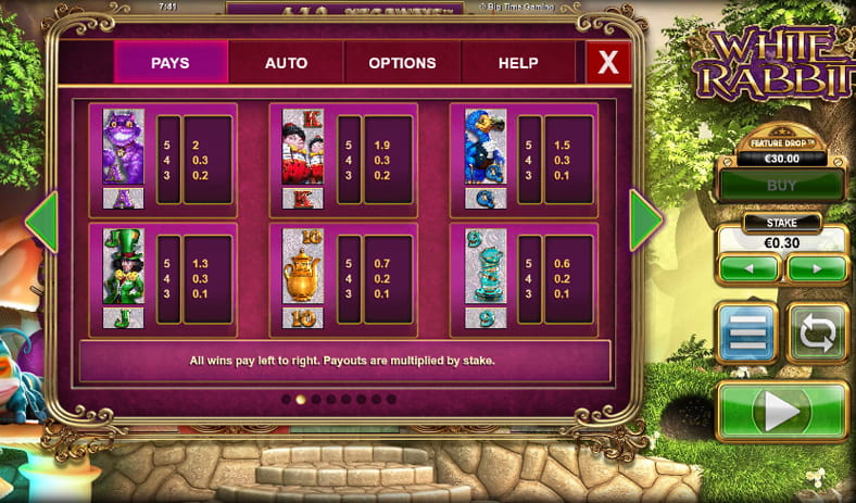 The paytable of the white rabbit slot game.